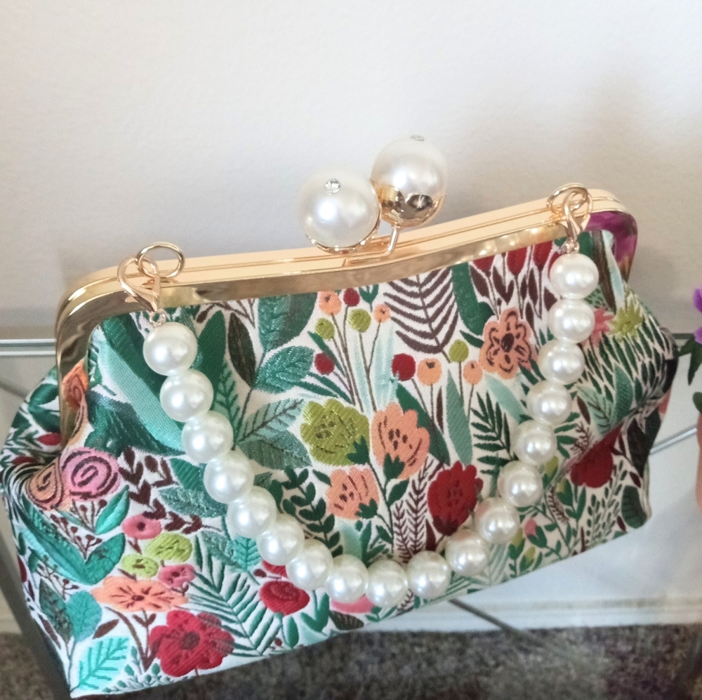 Floral Embroidered Kisslock Pearl Clutch Handbag Vintage Style Women's Purse - Picture 2 of 8
